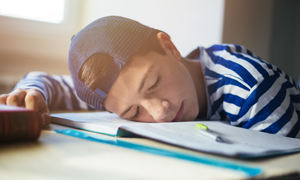 Teenage boy sleeping on the notebook