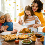 Happy Thanksgiving Day! Autumn feast. Family sitting at the table and celebrating holiday. Grandparents, mother, father and children. Traditional dinner.