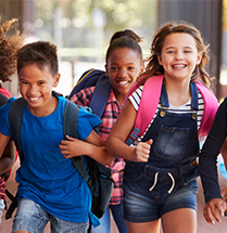 index crop children students school running backpacks