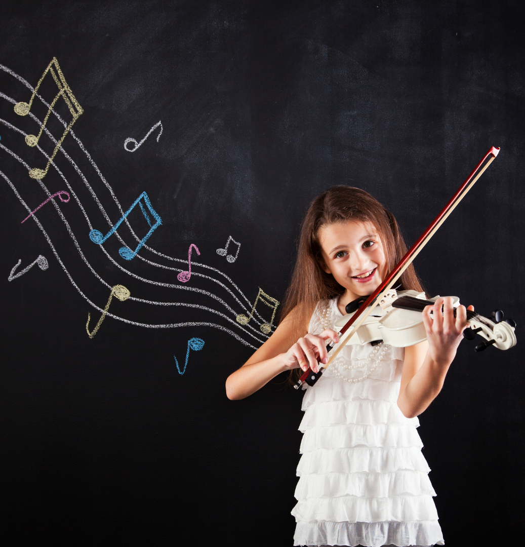 Girl music student playing happy child