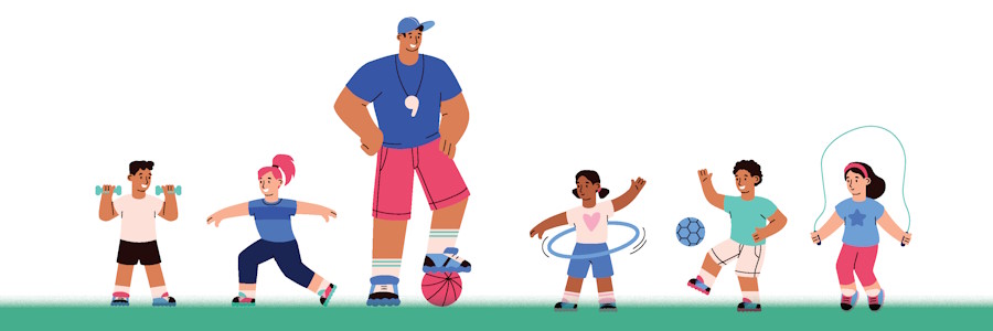Coaching Kids with ADHD in Sports. Clip art picture of a coach surrounded by five excited children. Coaching kids with ADHD.
